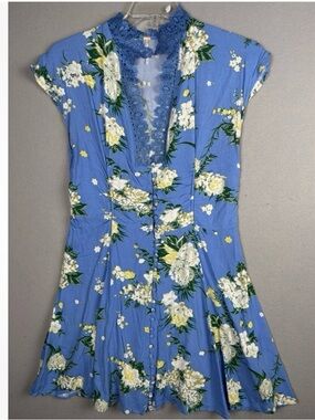 Free People Blue Floral Midi Dress with White & Yellow Blooms